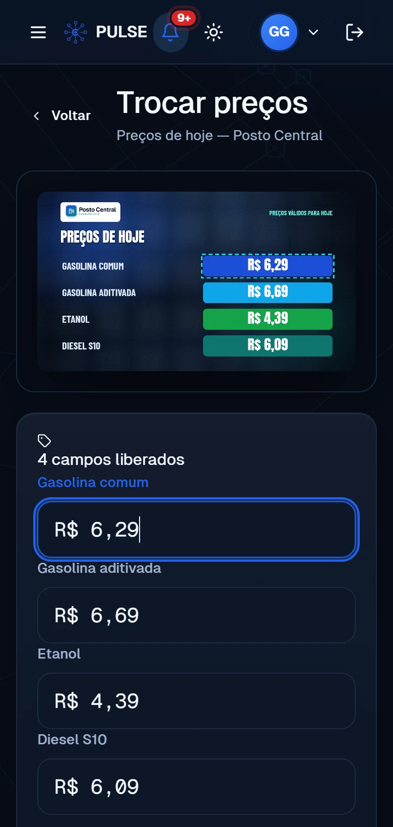 Tela Trocar preços do PULSE no celular do gerente: prévia da arte e os quatro campos liberados — gasolina comum R$ 6,29 (em edição), gasolina aditivada R$ 6,69, etanol R$ 4,39 e diesel S10 R$ 6,09